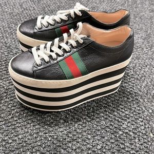 Gucci Black Leather Peggy Web Detail Platform Sneakers Size 35